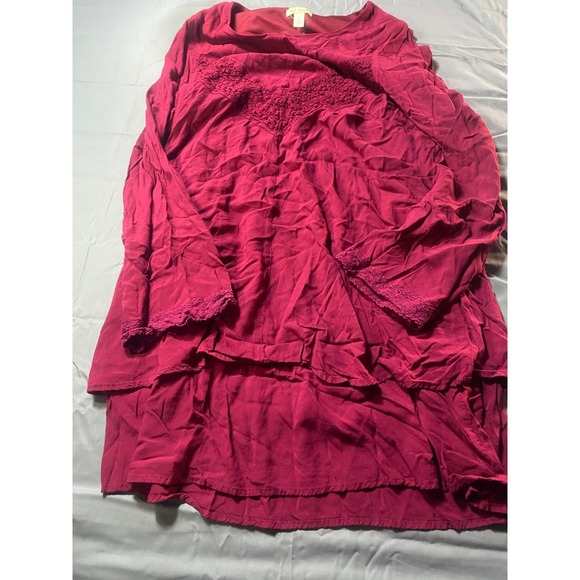 miami Tops - Miami Womens Small Burgundy Boho Crochet Long Sleeve Tunic Blouse Top